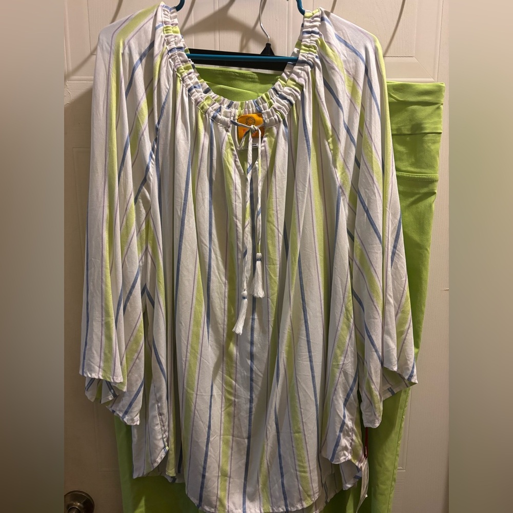 Ruby Red Top and Capris. Top is White, Green and Blue Stripe. Lime Green Capris